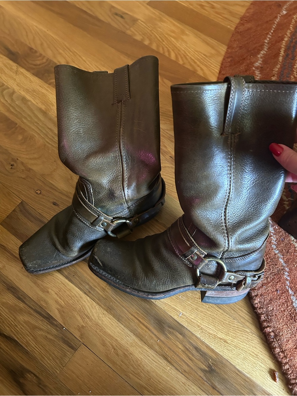 Frye Olive Green Leather Boots with Harness Detail